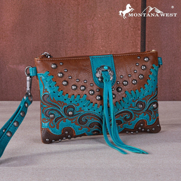Montana West Embroidered Scroll Cut-out Collection Clutch/Crossbody Brown - Picture 1 of 3